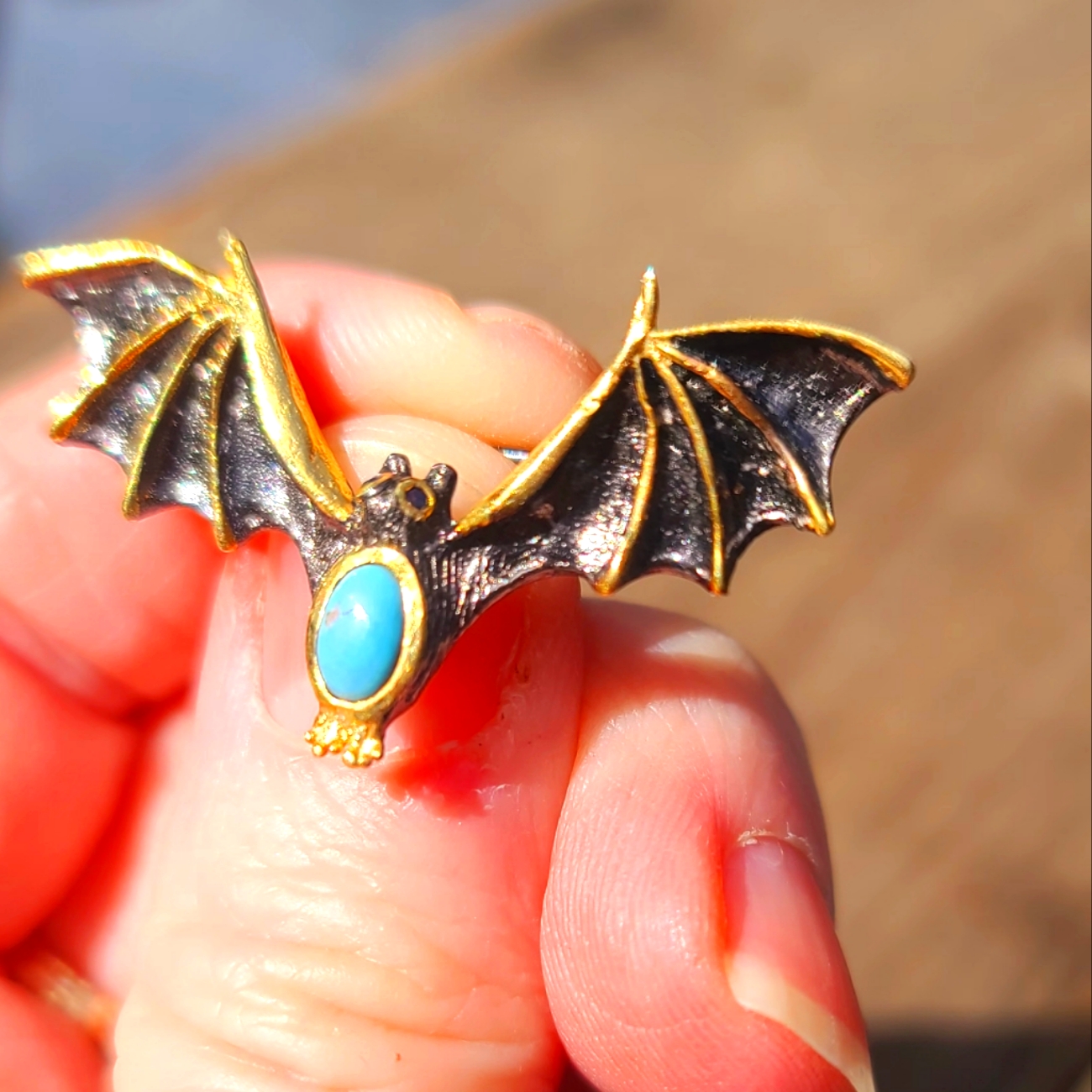 Turquoise Sapphire Sterling Rhodium Gold Bat Brooch By Avelon 199$